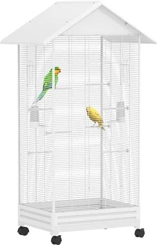 PawHut Jaula para Pájaros con Ruedas, 79x65x155 cm, Jaula Grande con 2 Comederos, 8 Perchas, 4 Puertas y Bandeja Extraíble, Diseño del Techo, Pajarera para Pinzones y Canarios, Blanco