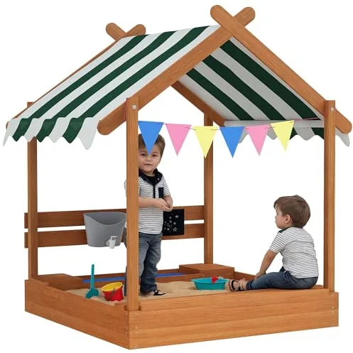 Outsunny Arenero para Niños de Madera, Arenero Infantil en Forma de Casa con 2 Asientos, Toldo, 6 Banderines, 2 Bandejas Extraíbles, Grifo y Pizarra, para Patio, Jardín, 124x116x146 cm, Naranja