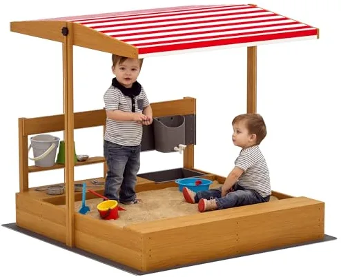 Outsunny Arenero para Niños de Madera con Techo Ajustable, Arenero Infantil con Juguetes de Cocina, Estante y 2 Asientos, Juego para Niños de 3-7 Años, para Patio, Jardín, 114x110x110 cm, Marrón