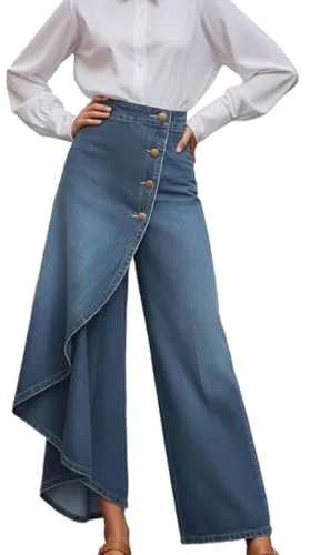 Generisch Pantalones vaqueros de pierna ancha para mujer con dobladillo asimétrico, elegantes faldas, pantalones ligeros Culotte de pierna ancha, pantalones vaqueros holgados, pantalones vaqueros de