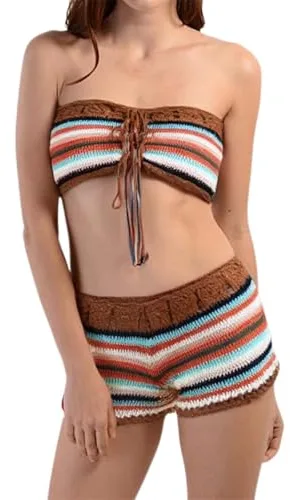 2026 Bikini Mujer Conjunto de Bikini de Crochet de Dos Piezas para Mujer, Elegante Moda Playa para Vacaciones Fiesta en la Piscina, café, S