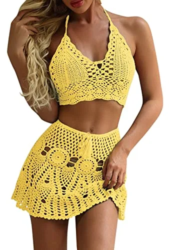 2026 Bikini Mujer Conjunto Crochet Ahuecado Traje de Baño de Verano de Dos Piezas para Mujer, amarillo, S