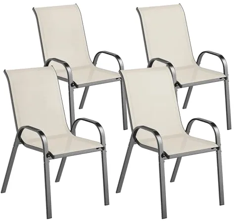 Outsunny Juego de 4 Sillas de Jardín Exterior, Sillas Terraza Exterior Apilables, Sillas de Jardín con Tela Transpirable, Marco de Acero, Reposabrazos y Respaldo, 54x71x93 cm, Beige y Negro
