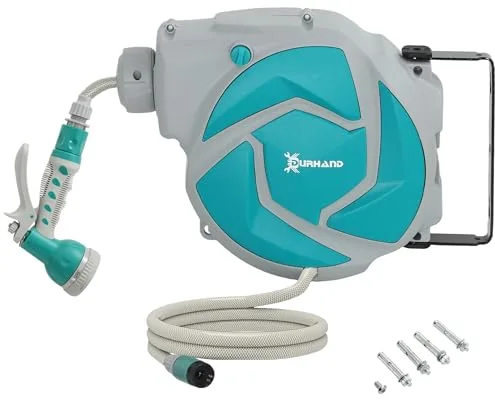DURHAND Enrollador de Manguera para Jardín 10+1 m con Boquilla de 7 Funciones, Carrete de Manguera de Jardín de Pared, Giratorio 180°, con Retorno Enrollado Automático, Gris Claro y Verde