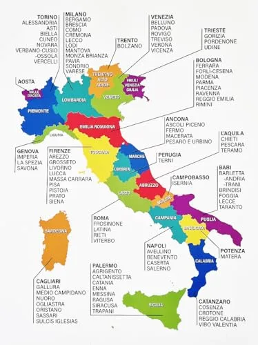 KUSTOM ART Póster decorativo de pared con mapa de Italia Regiones con texto Province Impresión sobre papel de patinata 40 x 30 cm sin marco