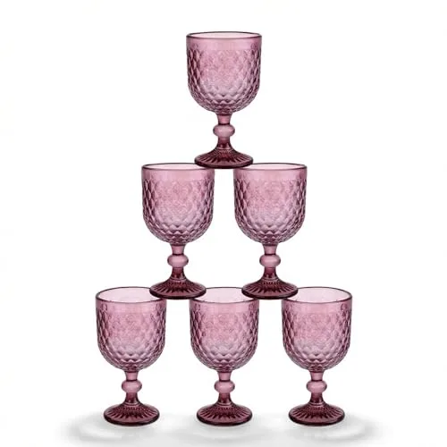 INDE SANTA CLARA | Set 6 Copas de Agua Cristal 350cc Orbel Morado, Copa Vaso Vino de Vidrio Relieve Morado, Aptas Lavavajillas y Microondas