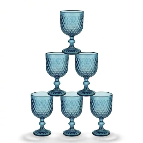 INDE SANTA CLARA | Set 6 Copas de Agua Cristal 350cc Orbel Azul, Copa Vaso Vino de Vidrio Relieve Azul, Aptas Lavavajillas y Microondas