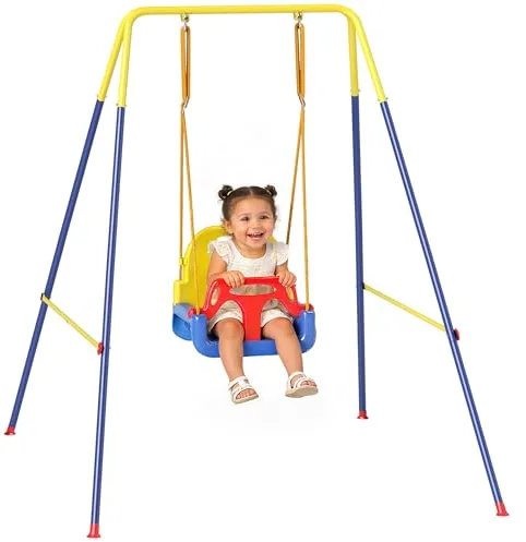 AIYAPLAY Columpio para Bebés 3 en 1, Columpio Jardín Exterior con Cuerdas Ajustables, Cinturón de Seguridad, Marco de Acero Plegable, para Niños de 9 Meses a 8 Años, para Interior, Exterior, Azul