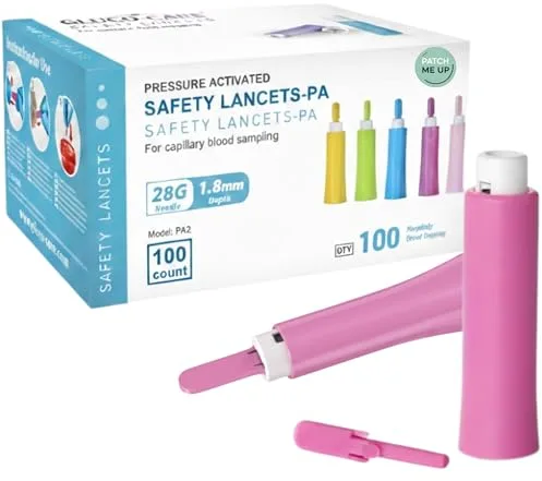Patch Me Up Lancetas de Seguridad 28G (100 Uds) para Glucosa 1,8 mm Lancetas para Diabetes Punción Precisa y Segura