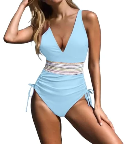 Faja Modeladora Mujer Bañadores Mujer Talla Grande Solid Color Conservative Swimsuit Tummy Swimsuit For Women Bathing Suits Ruched Swimwear with Breast No Traje de Baño Bikini (Sky Blue XL)