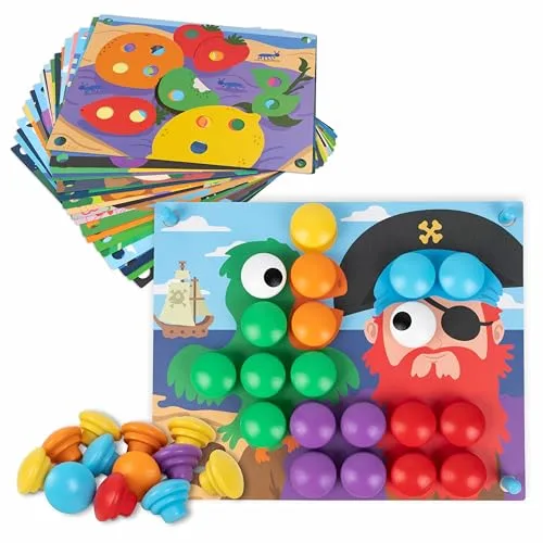 BONNYCO Puzzle de Madera con 50 Plantillas y 32 Botones. Mosaico Infantil para Motricidad Fina, Rompecabezas y Juguetes Niños 2 Años, Juegos Educativos Montessori y Regalos de Cumpleaños