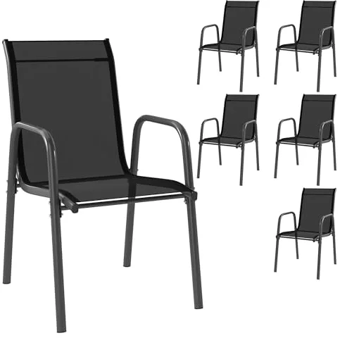 Outsunny Juego de 6 Sillas de Jardín Exterior Apilables, Sillas Terraza Exterior con Reposabrazos, Asiento y Respaldo de Malla Transpirable, Estructura Metálica Resistente, 51x69x87 cm, Negro