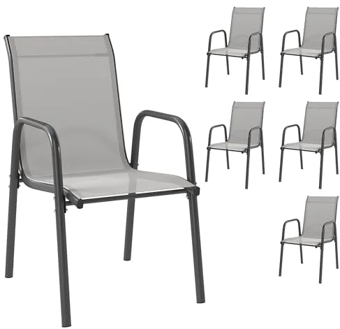 Outsunny Juego de 6 Sillas de Jardín Exterior Apilables, Sillas Terraza Exterior con Reposabrazos, Asiento y Respaldo de Malla Transpirable, Estructura Metálica Resistente, 51x69x87 cm, Gris Claro