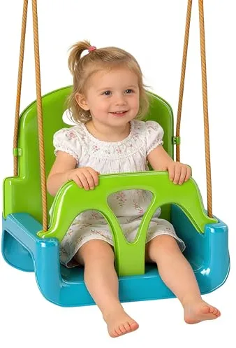 Outsunny Columpio Infantil 3 en 1, Columpio para Niños, Cuerda Ajustable, con Respaldo Desmontable, Barra en T, Cinturón de Seguridad, para Interior, Exterior, Solo Asiento, Verde Oscuro