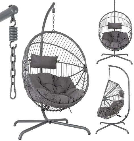 Arebos Silla Colgante de Jardín con Soporte, Sillón Huevo Exterior e Interior, Altura Regulable 160-180cm, Hamaca con Estructura de Acero 130kg, Incluye Cojines Relax para Terraza o Balcón, Color Gris